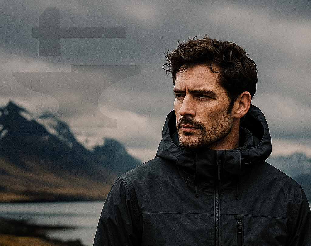 Man wearing a black jacket standing in a mountainous landscape with a lake.